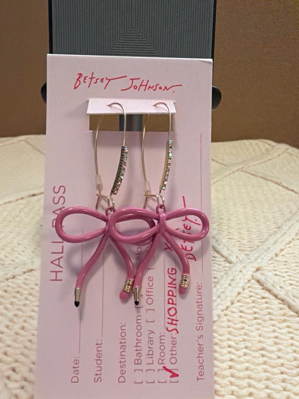 Betsey Johnson Pink Bow Dangle Earrings with Rhinestone Hooks